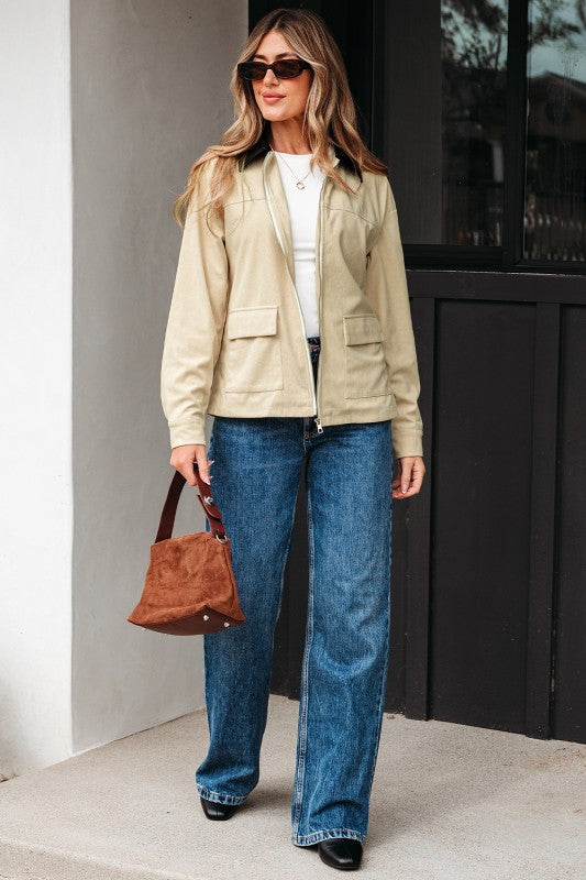 Contrast Faux  Black Collar & Cream Jacket