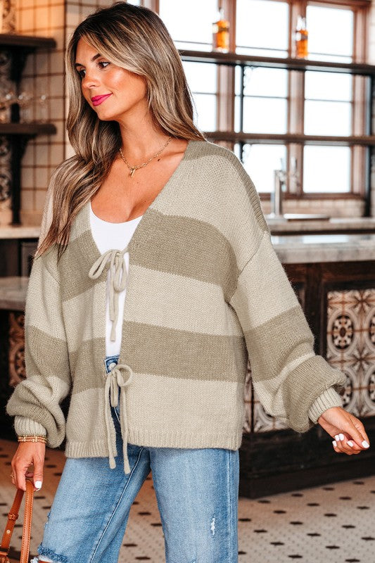 Striped Color Block Khaki Bow Front Cardigan