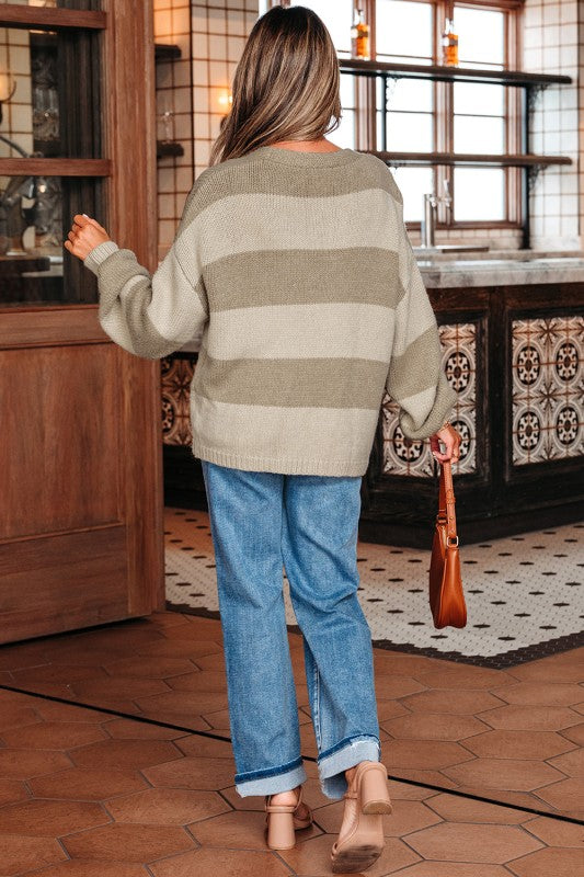 Striped Color Block Khaki Bow Front Cardigan