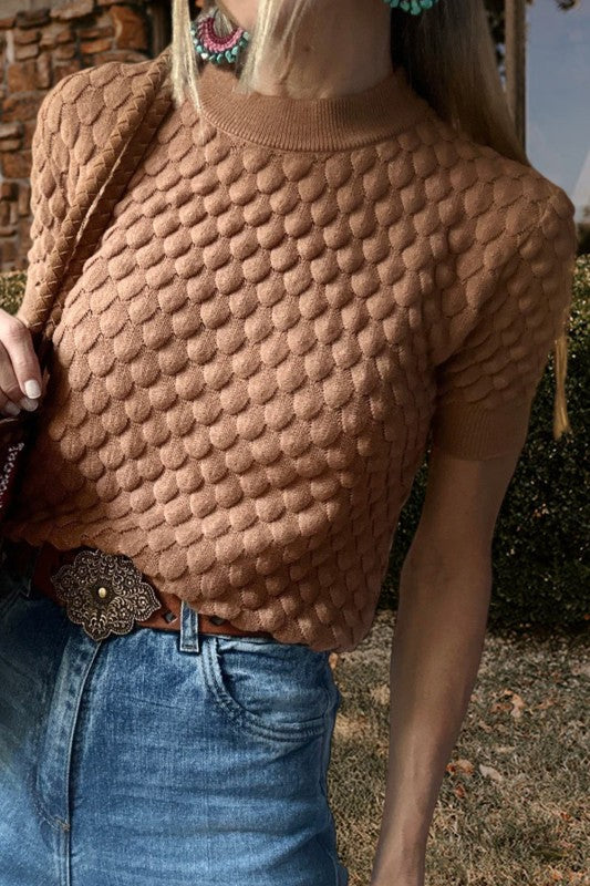 Textured Knit Short Sleeve Sweater Top