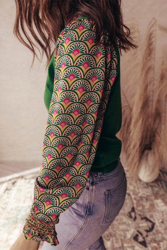 Pattern Puff Sleeve Green Top