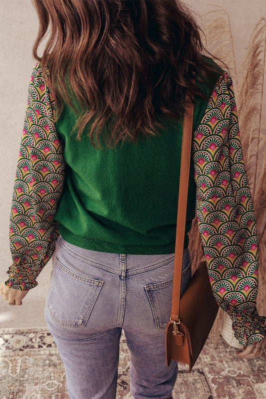 Pattern Puff Sleeve Green Top