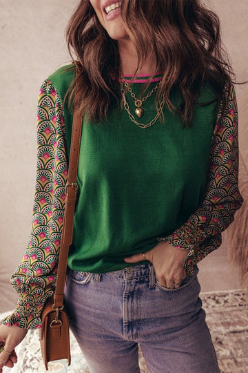 Pattern Puff Sleeve Green Top