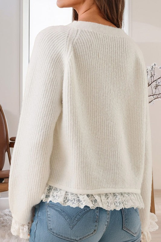 V Neck & Lace Trim Cardigan