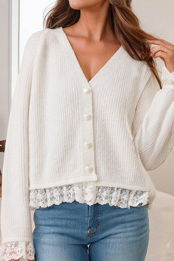 V Neck & Lace Trim Cardigan