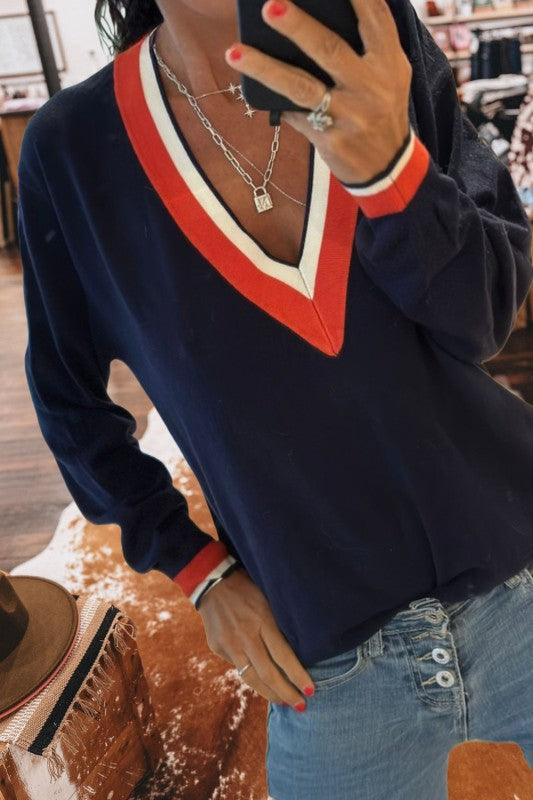 Contrast V Neck Pullover Sweater