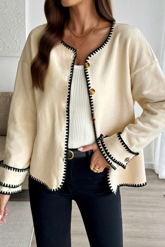 Ivory & Black Contrast Trim Button Cardigan