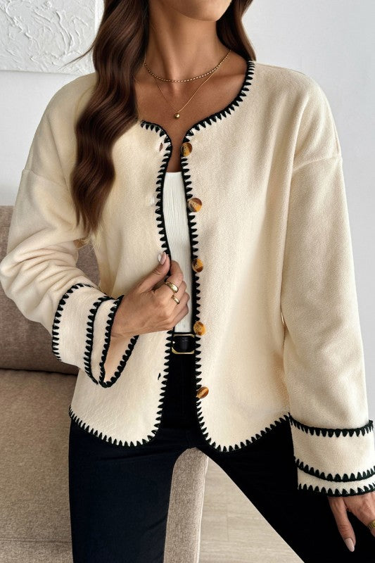 Ivory & Black Contrast Trim Button Cardigan