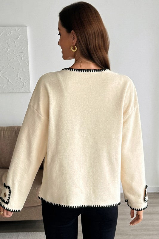 Ivory & Black Contrast Trim Button Cardigan