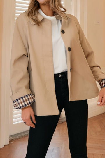 Khaki Single Trench Plaid Details Jacket
