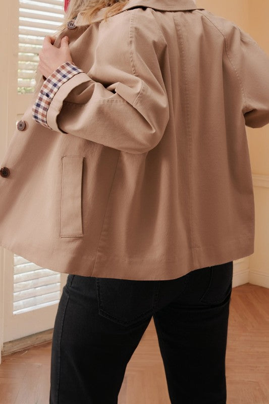Khaki Single Trench Plaid Details Jacket