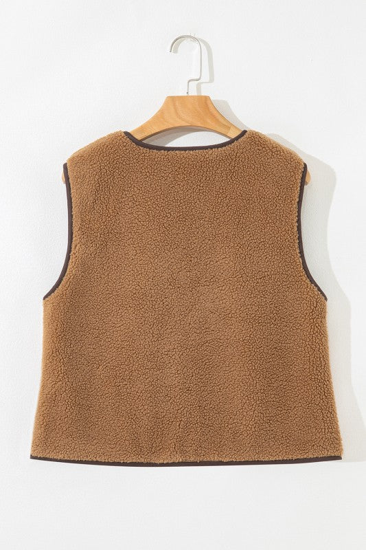 Contrast Trim Coffee Sherpa Vest
