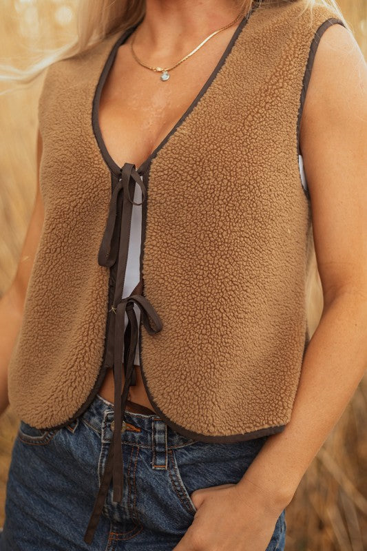 Contrast Trim Coffee Sherpa Vest