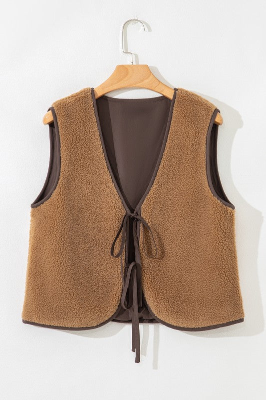 Contrast Trim Coffee Sherpa Vest