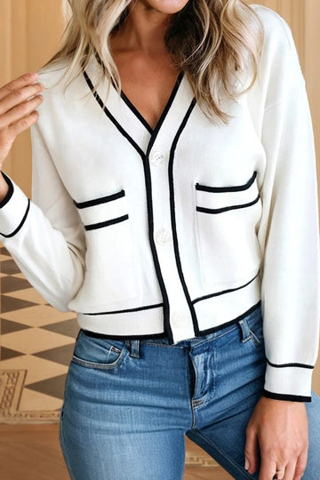 White & Black Contrast Button Cardigan