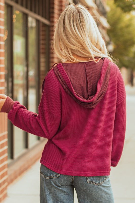 Drop Sleeve Waffle Knit Hoodie Pullover