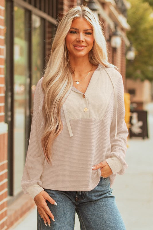 Drop Sleeve Waffle Knit Hoodie Pullover