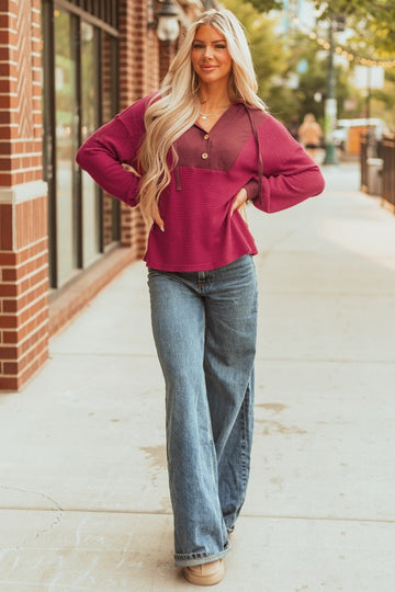 Drop Sleeve Waffle Knit Hoodie Pullover