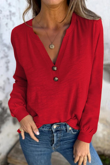 Red V Neck Button Detail Top
