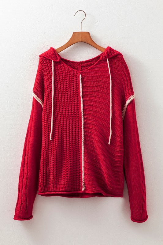 Contrast Red Knit Hoodie Sweater