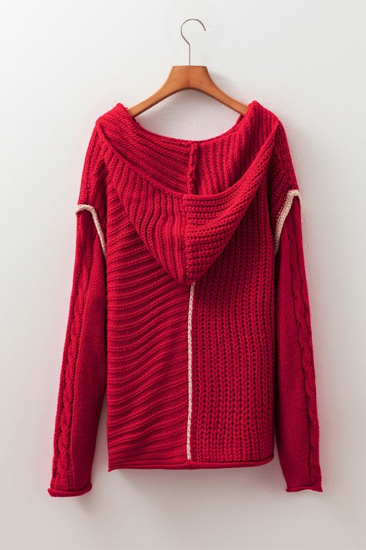 Contrast Red Knit Hoodie Sweater