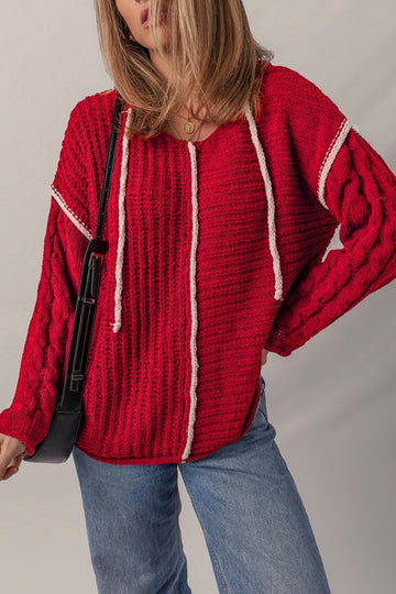 Contrast Red Knit Hoodie Sweater