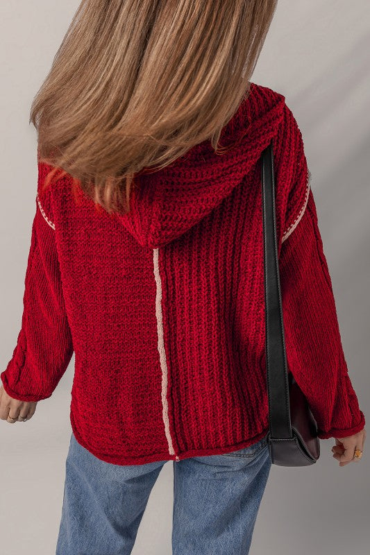 Contrast Red Knit Hoodie Sweater