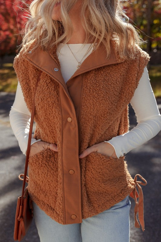 Cinnamon Faux Fur Snap Pocket Vest