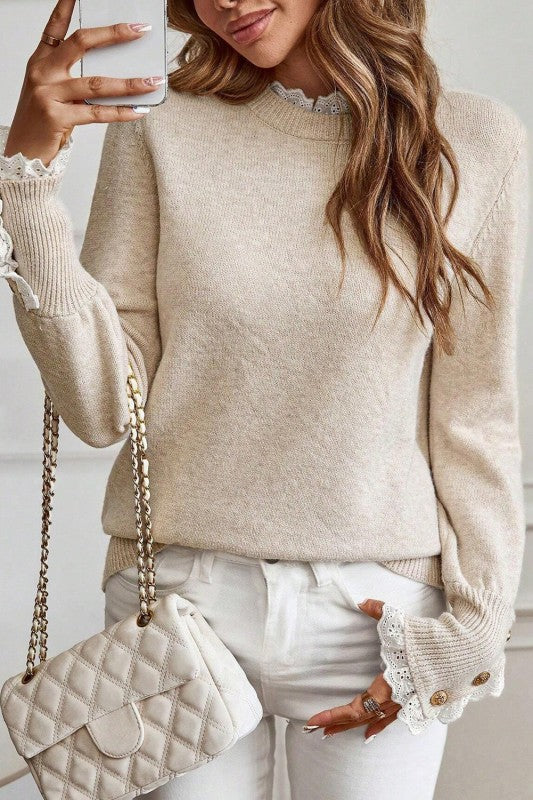 Lace Trim &  Button Detail Sweater