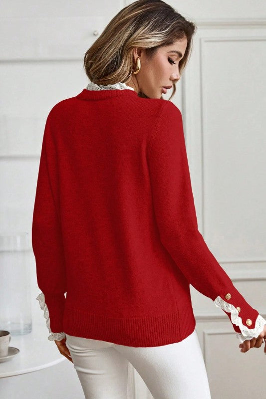 Lace Trim &  Button Detail Sweater
