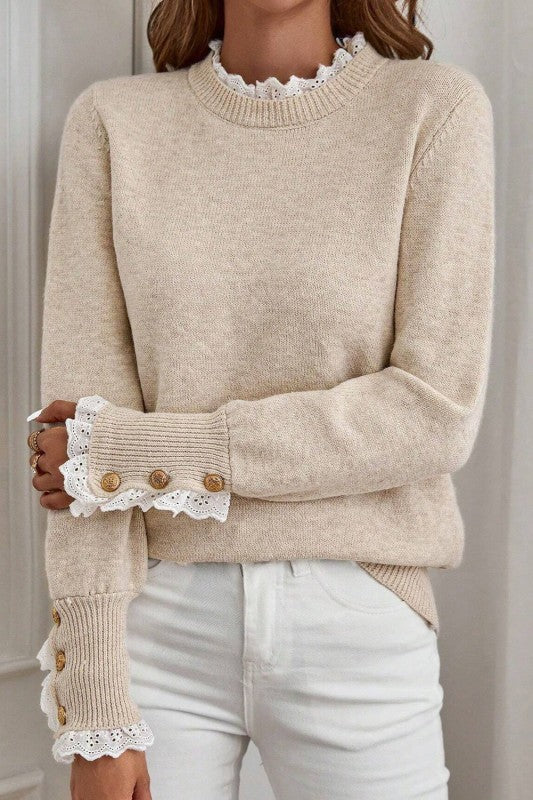 Lace Trim &  Button Detail Sweater