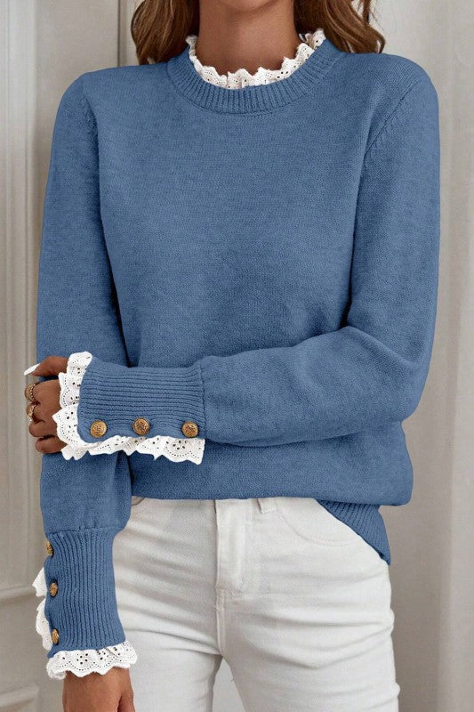 Lace Trim &  Button Detail Sweater