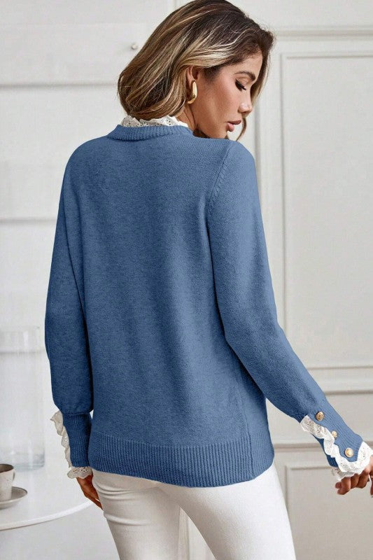 Lace Trim &  Button Detail Sweater