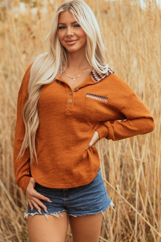 Contrast Patchwork Hoodie Henley Top