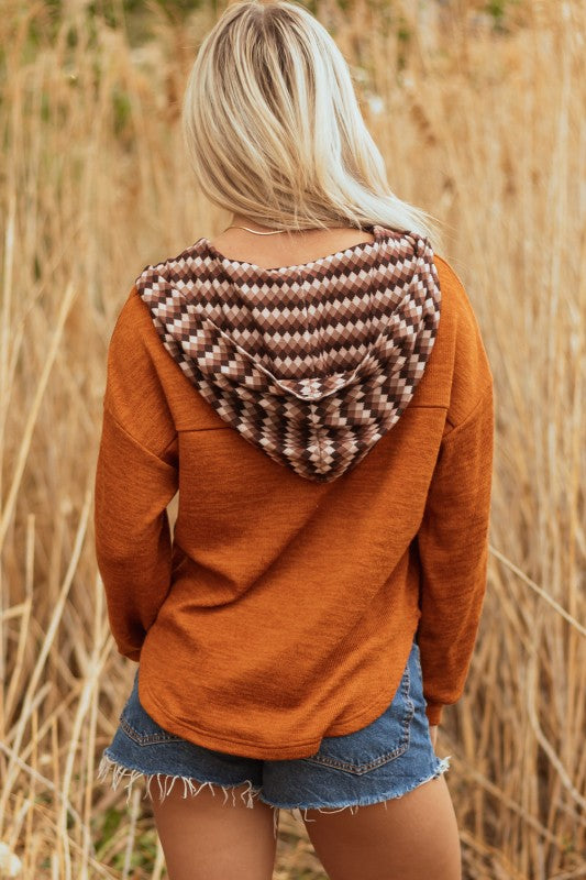 Contrast Patchwork Hoodie Henley Top