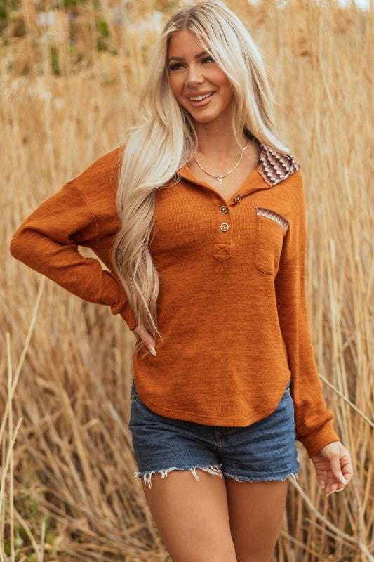 Contrast Patchwork Hoodie Henley Top