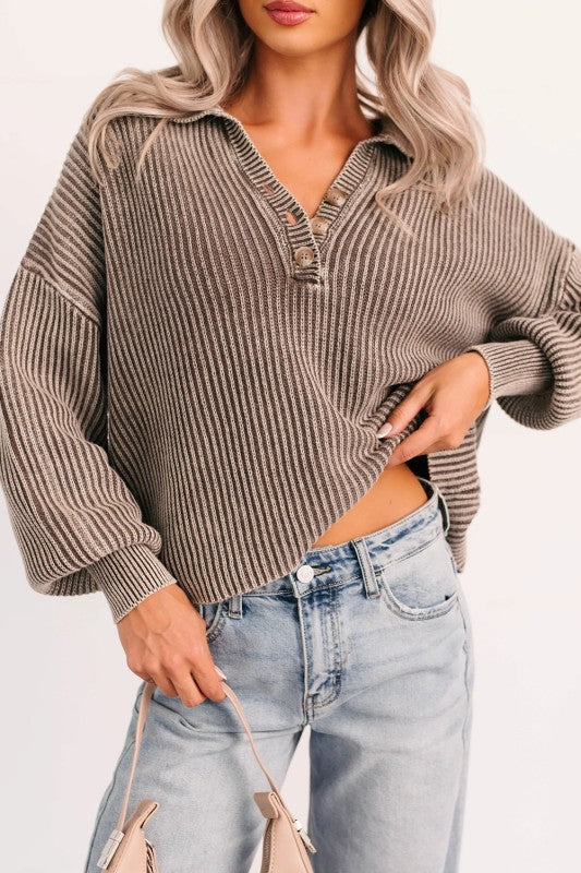 Ribbed Knit Mineral Pullover Collar Sweater