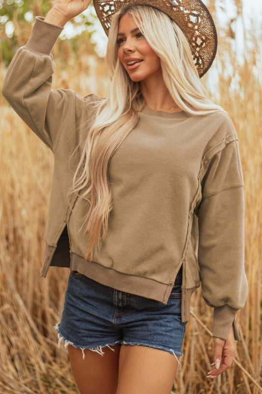 Khaki Splicing Sherpa Pullover