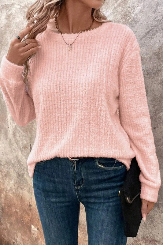 Pink Fuzzy Ribbed Knit Sweater - 2