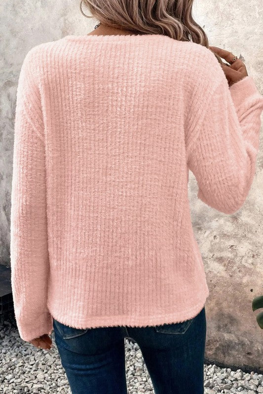 Pink Fuzzy Ribbed Knit Sweater - 2