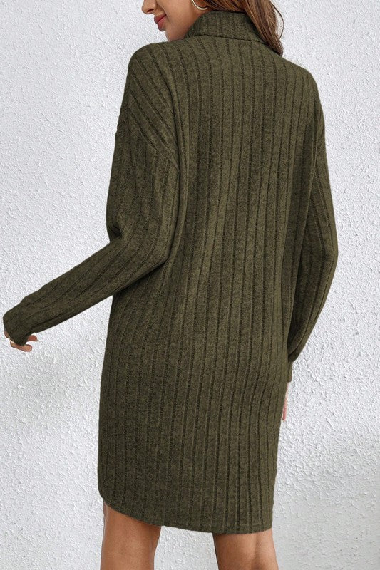Turtle Neck Ribbed Shift Dress