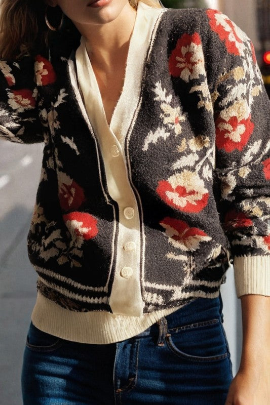 Floral Knit Button Cardigan - 2