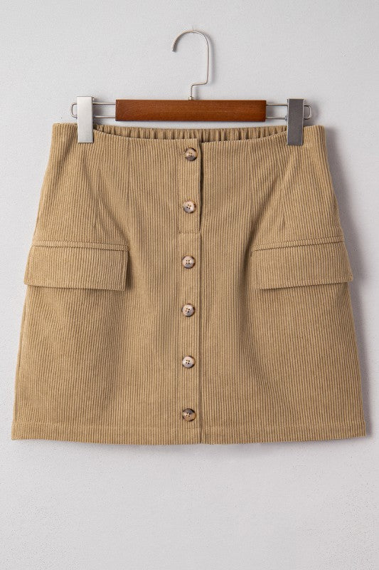 Khaki Corduroy Button Skirt - 2