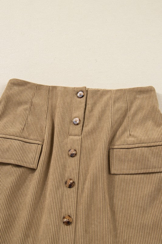 Khaki Corduroy Button Skirt - 2