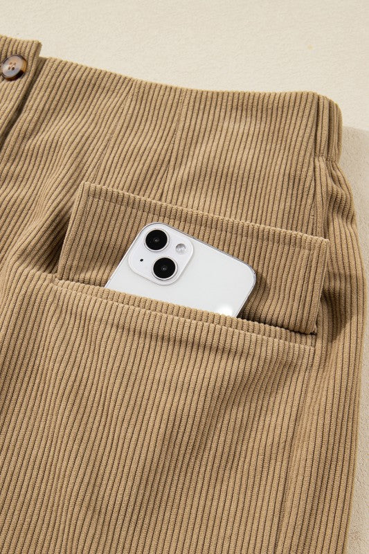 Khaki Corduroy Button Skirt - 2