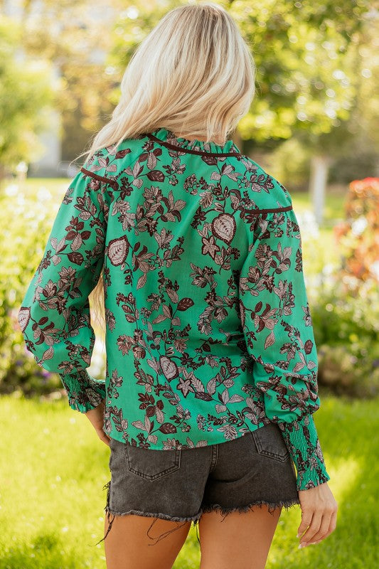 Shirred Green and Floral Blouse