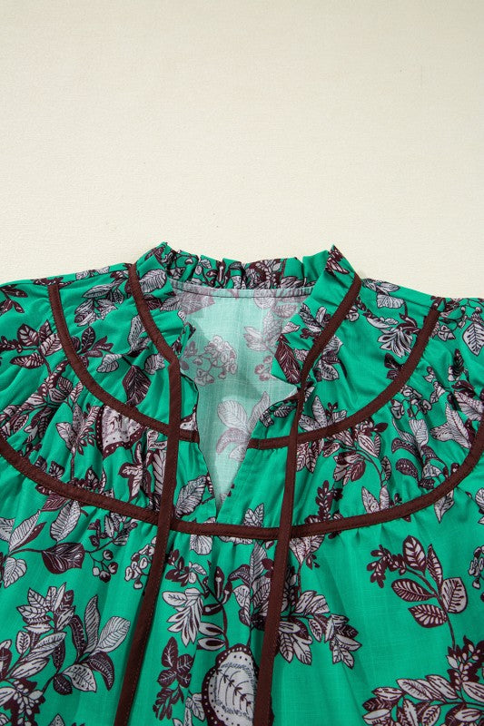 Shirred Green and Floral Blouse