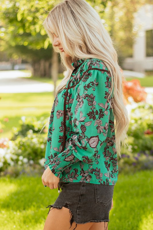Shirred Green and Floral Blouse