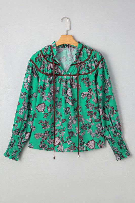 Shirred Green and Floral Blouse