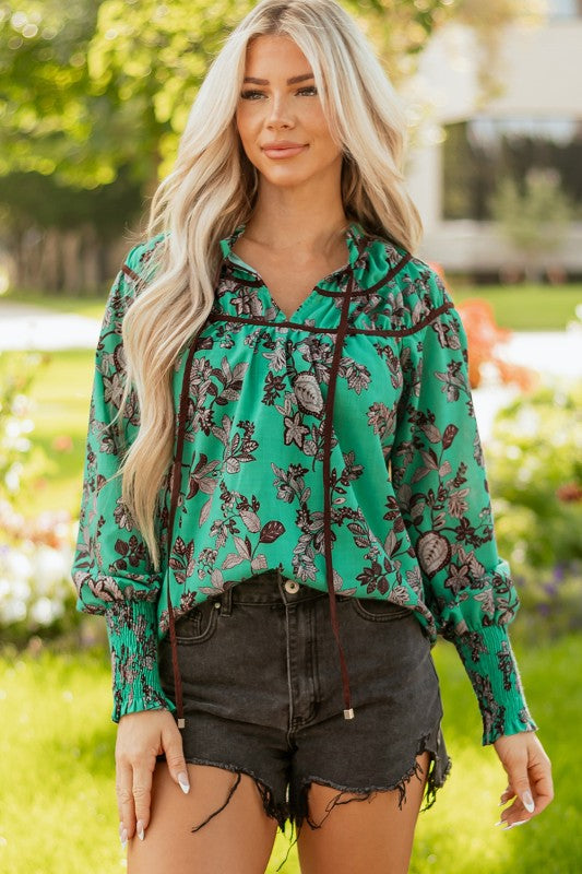 Shirred Green and Floral Blouse